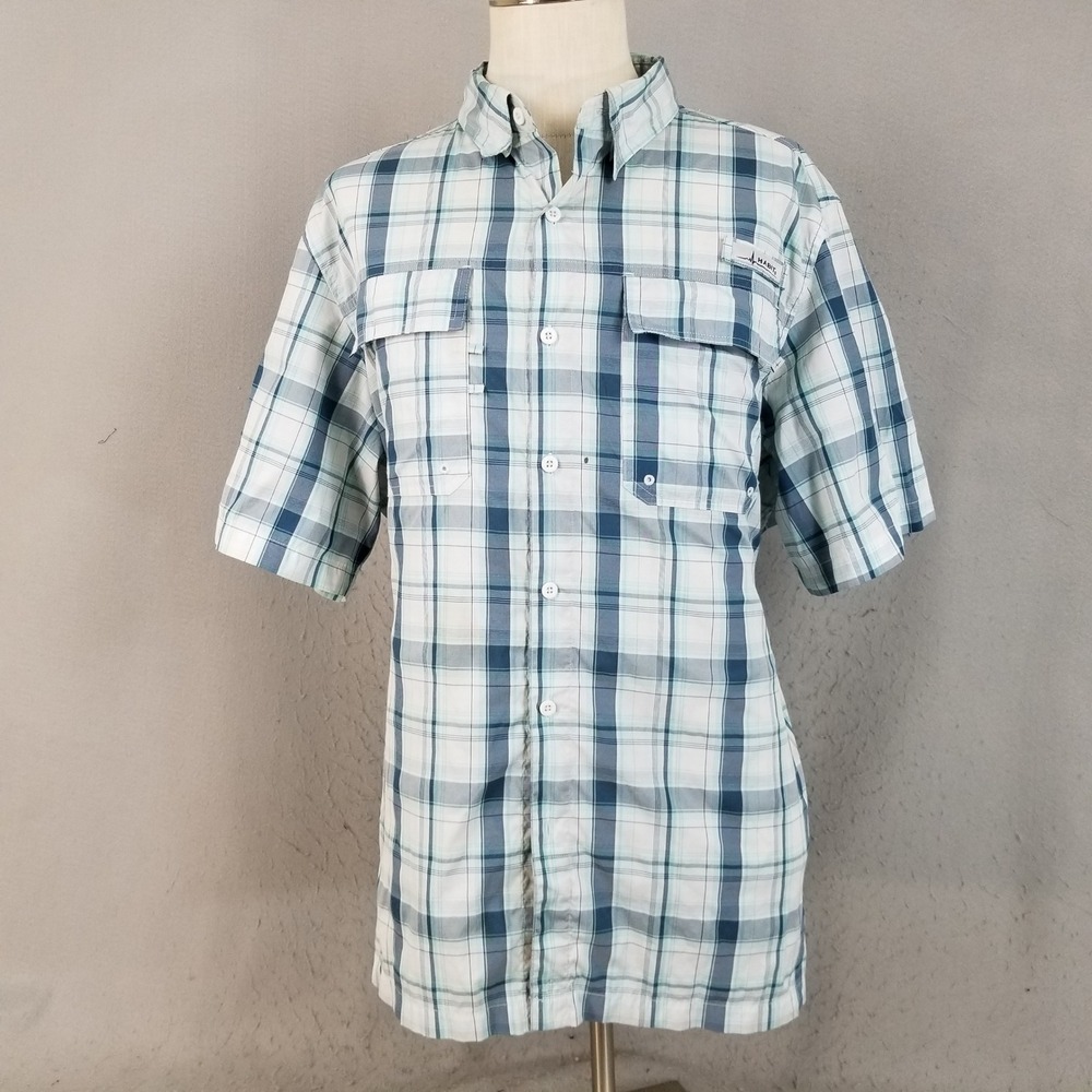 Habit Fishing Shirt Mens M Blue Plaid Short Sleeve Vented Performance Button Upβ